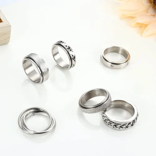 Vista 7 de Sanfenly 6 anillos giratorios de acero inoxidable para mujeres y hombres anillos antiansiedad anillo de luna estrella arena acabado explosivo alivio