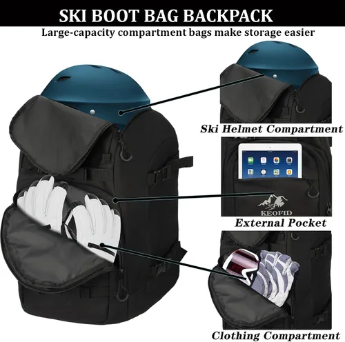 Vista 3 de KEOFID 50L Ski Boot Bag Backpack, Waterproof Ski Bag, Travel Backpack for Ski Helmet, Snowboard