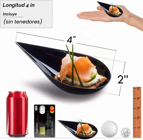 Vista 3 de 100 platos mini de aperitivo en forma de gota de 4 pulgadas, cucharas reutilizables de plástico negro - Platos para servir postres y aperitivos