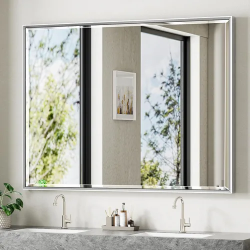 Vista 58 de Espejo de baño negro, espejo de baño biselado de 16 x 24 pulgadas para pared, espejo con marco negro antioxidante para decoración de baño, sala