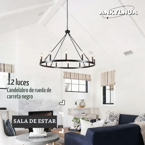 Vista 4 de Candelabro de rueda de carro, 12 luces de 38 pulgadas, lámpara de granja Luz negra-12