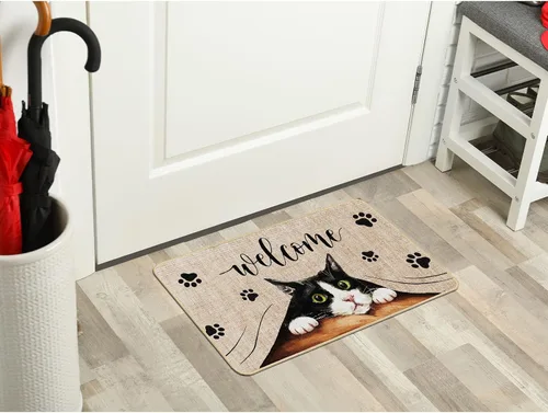 Vista 4 de Tapete de bienvenida para puerta de gato, tapete antideslizante de huellas divertidas, decoración familiar, tapete de entrada para interiores