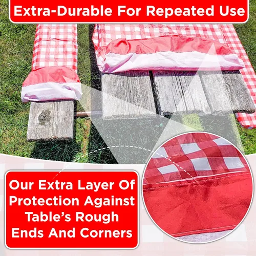 Vista 3 de Protector en las esquinas contra rasgaduras, 6 pies, mantel de vinilo ajustable para picnic con fundas de banco, impermeable, PEVA, juego de 3