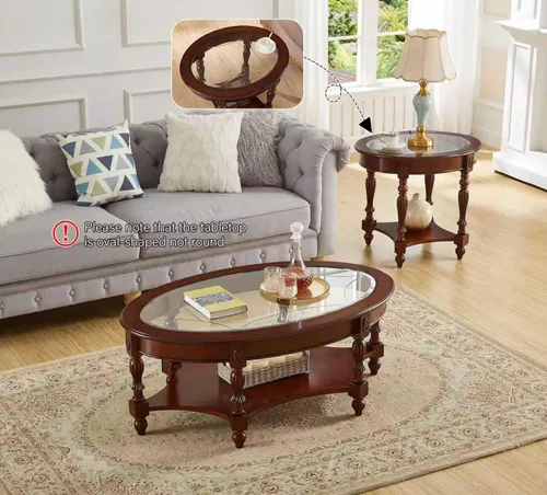 Vista 5 de Mesa auxiliar vintage de madera maciza con parte superior de cristal, mesa auxiliar ovalada para sofá para sala de estar, mesa auxiliar de silla