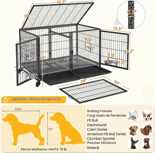 Vista 4 de Yaheetech Jaula Apilable para Perros con Divisor de 43'' Rodante Jaula de Servicio Pesado para Perros con Parte Superior Abierta/2 Bandejas