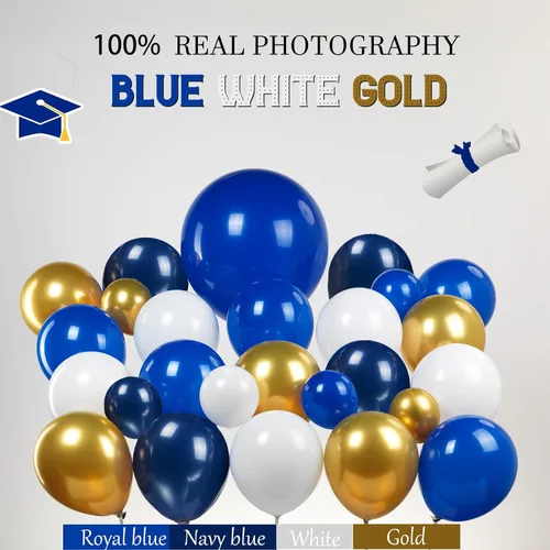 Vista 3 de Kit de arco de guirnalda de globos de graduación con temática azul con globos de aluminio para estudiantes universitarios de secundaria, clase
