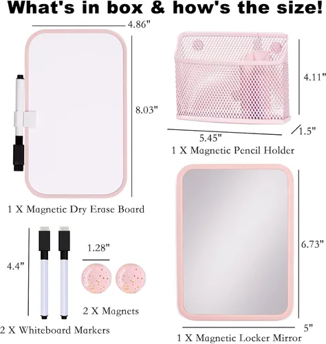 Vista 4 de Svartur - Accesorios magnéticos para casillero de niñas con pizarra magnética, espejo de casillero y soporte magnético para bolígrafos, decoración