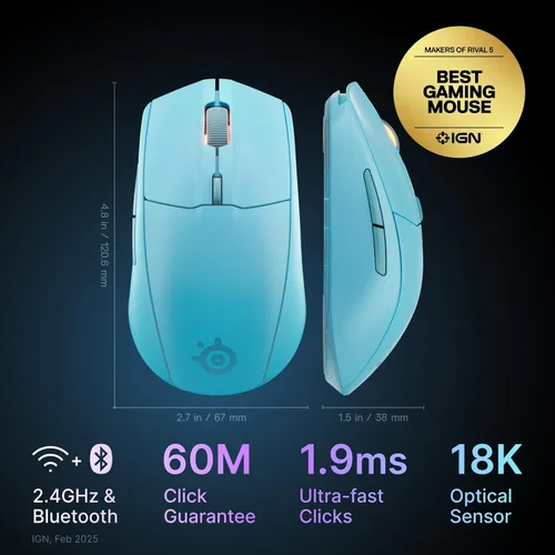 Vista 2 de SteelSeries Ratón inalámbrico Rival 3 Gen 2 para juegos - 2.4 GHz y Bluetooth - Sensor óptico TrueMove Air de 18000 DPI - Durabilidad de 60 millones