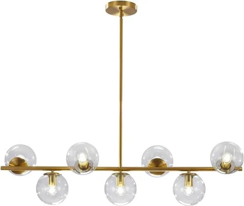 Vista 11 de KCO Iluminación Moderna Candelabro Colgante Lineal de Latón con 7 Luces de Cristal Dorado y Blanco, Iluminación Colgante Globo de Mediados de Siglo
