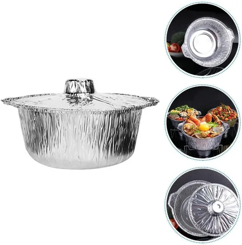 Vista 3 de Yardwe Sartenes redondos de papel de aluminio con tapas, 5 latas de aluminio desechables, contenedor de alimentos, moldes de papel de aluminio