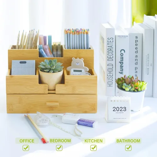 Vista 4 de Organizador de escritorio de bambú Charmlife - Almacenamiento de maquillaje y bolígrafos con cajón y soporte para lápices para la organización