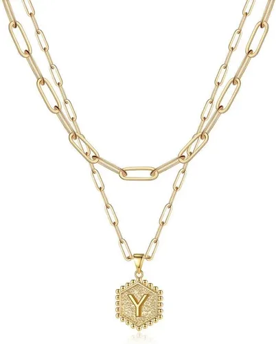Vista 62 de M MOOHAM - Delicado collar de oro para mujer, de 14 quilates, en capas, lindos collares con letra hexagonal con inicial para mujer, regalos