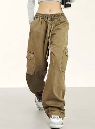 Vista 3 de Dokotoo Pantalones cargo de cintura alta y pierna ancha para mujer, con 6 bolsillos, holgados, informales, de combate, militares