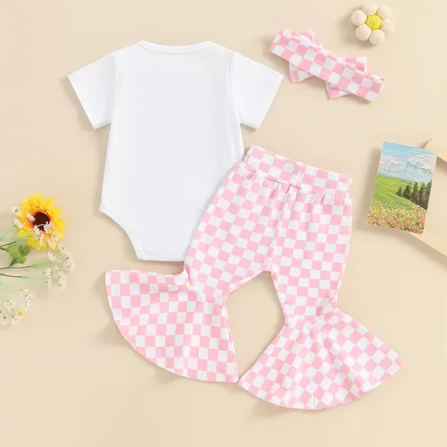 Vista 151 de Sejardin Ropa de verano para bebé y niña, recién nacida, manga corta, con letras, mameluco elástico con diadema