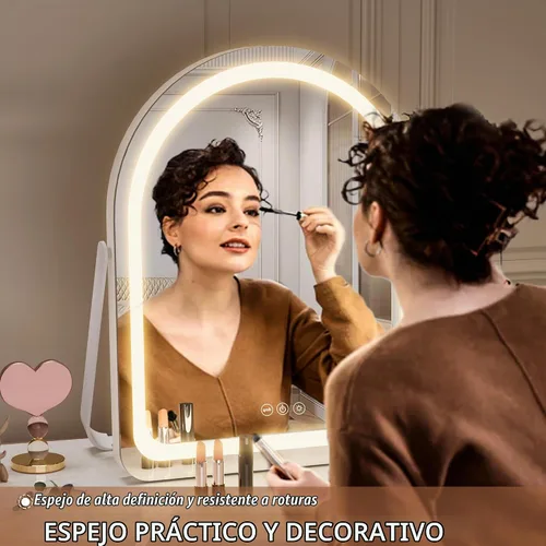 Vista 4 de Hasipu Espejo de tocador con luces, espejo de maquillaje LED arqueado de 11 x 14 pulgadas, espejo de maquillaje iluminado con luces, control táctil