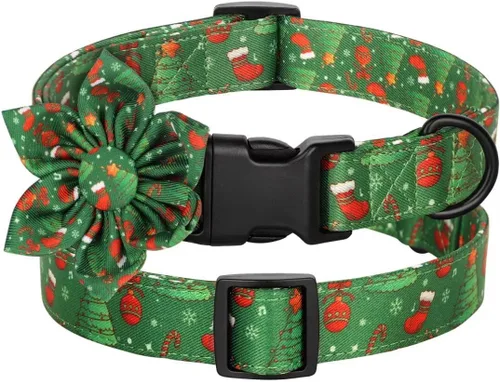 Vista 7 de Beirui Lindo collar de Navidad para perro hembra con flor, collares de perro con patrones navideños, collar rojo suave para mascotas ajustable