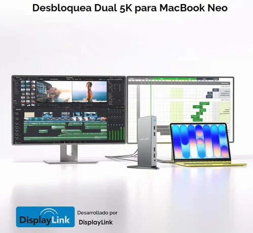 Vista 3 de [Usado] Estación de acoplamiento DisplayLink de doble monitor, WAVLINK 14 en 1 USB-C/A para laptop con HDMI 2x5K, DP 2x5K, Ethernet de 1000 Mbps, 6