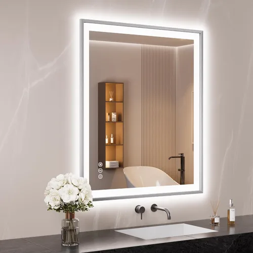 Vista 49 de Espejo de baño LED de 24x28 pulgadas con marco negro, espejos de baño retroiluminados y con luz frontal para pared, antiempañamiento, regulable