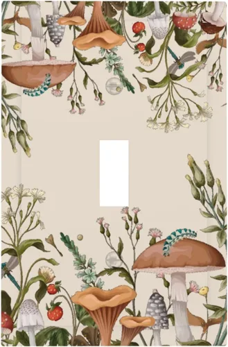 Vista 156 de Placa de Pared en Blanco de 1-Gang Sin Dispositivo Beige Lindo Vintage Boho de los 70s Hongo Fungus Planta Floral Botánica Libélula Interruptor