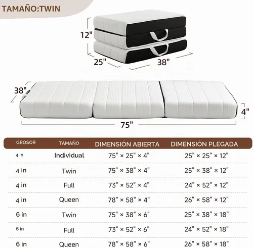 Vista 2 de ROXGOX Colchón Plegable, Cubrecolchón de Espuma Viscoelástica Twin de Triple Pliegue con Funda Lavable, Asa y Parte Inferior Antideslizante, Cama