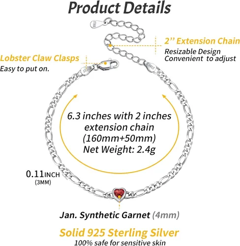 Vista 5 de ChicSilver Pulsera de plata de ley 925 con forma de corazón y piedra natal redonda para mujer, regalo de joyería de cumpleaños para el día