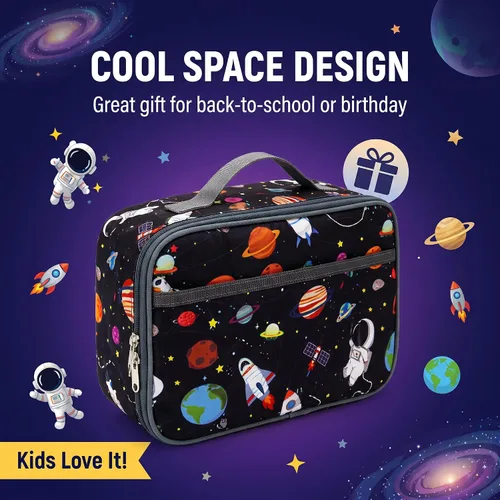 Vista 8 de Kulle - Lonchera de astronauta para niños, bolsa de almuerzo con tema espacial aislada, lonchera térmica reutilizable para niños, para la escuela