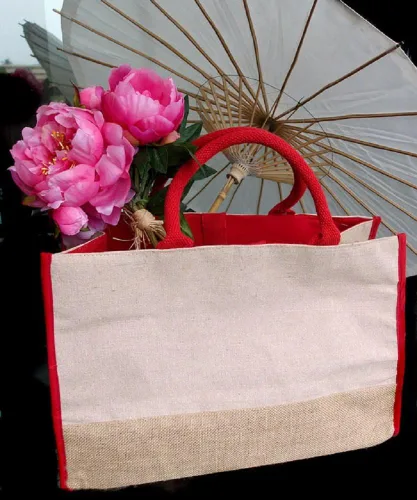 Vista 2 de Bolsas reutilizables de yute para compras de comestibles, viajes, uso diario, todo tipo de bolsas, Rojo