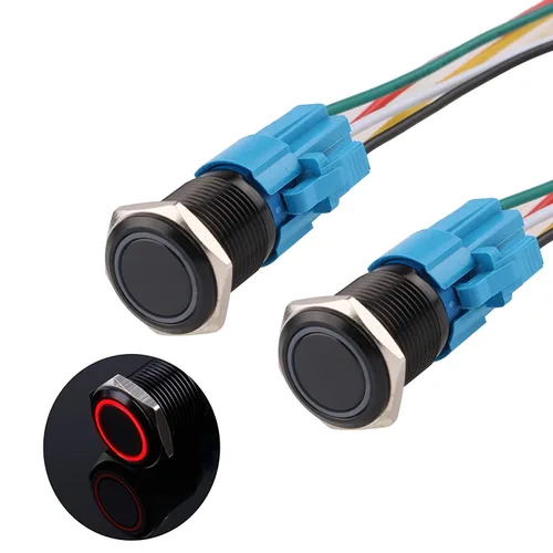 Vista 12 de Interruptor de botón con cierre de 0.630 in, anillo 3A, LED, 12V-24V, interruptor de botón de metal negro, carcasa de aluminio autobloqueante