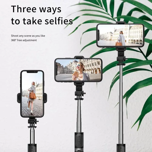 Vista 4 de Trípode para selfie, soporte de trípode 4 en 1 con control remoto inalámbrico desmontable, soporte para teléfono inteligente compatible con iPhone