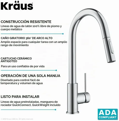Vista 10 de Kraus Oletto - Grifo de cocina contemporáneo con un solo mango extraíble en cromado, KPF-3104CH Cromo