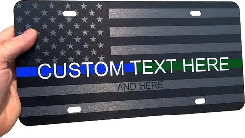 Vista 70 de JASS GRAPHIX Placa de matrícula personalizada con la bandera estadounidense de línea amarilla, homenaje personalizado a despachadores y operadores