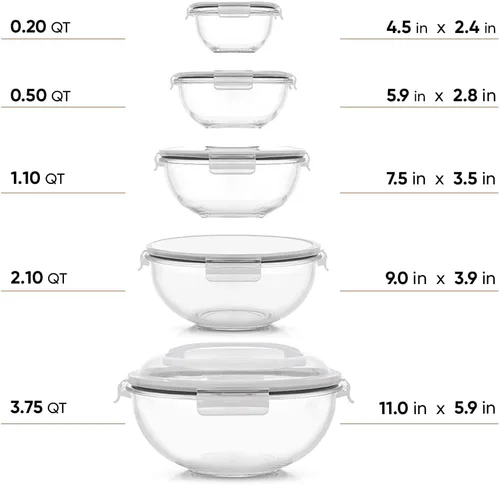 Vista 2 de JoyJolt Tazones para mezclar de cocina. Juego de 5 cuencos de vidrio con tapas, cuencos de anidación ordenados. Juego de tazones grandes