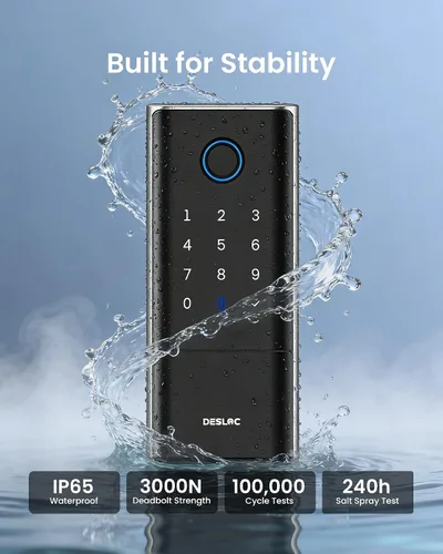 Vista 7 de DESLOC Smart Lock K120, cerradura de puerta delantera sin llave de huellas dactilares, cerrojo electrónico WiFi, batería de iones de litio de 16