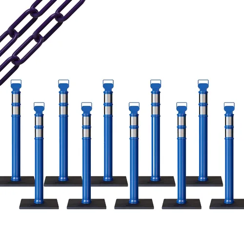 Vista 50 de CCW 10-Pack 45" Delineador Post Kit, 3" Collares reflectantes, 10 lb Base de goma (10 postes azules con cadena negra de 50 pies)