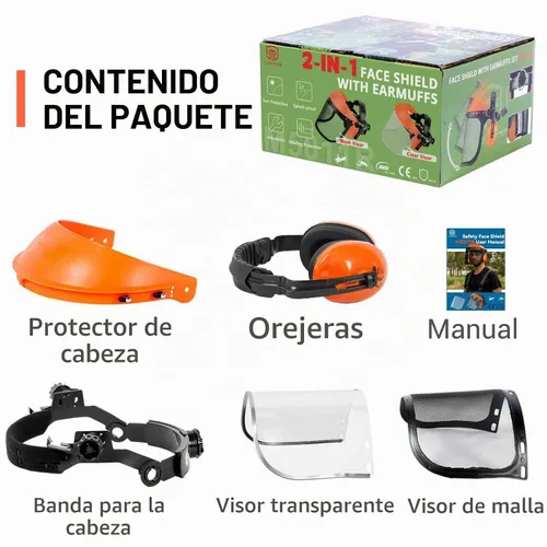 Vista 9 de Escudo facial de seguridad con combinación de protección auditiva, viene con malla y visera transparente para moler carpintería