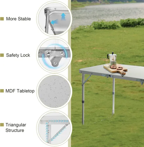Vista 8 de Mesa plegable para uso en interiores y exteriores, mesa de tres pliegues de aleación de aluminio, mesa plegable portátil, mesa rectangular