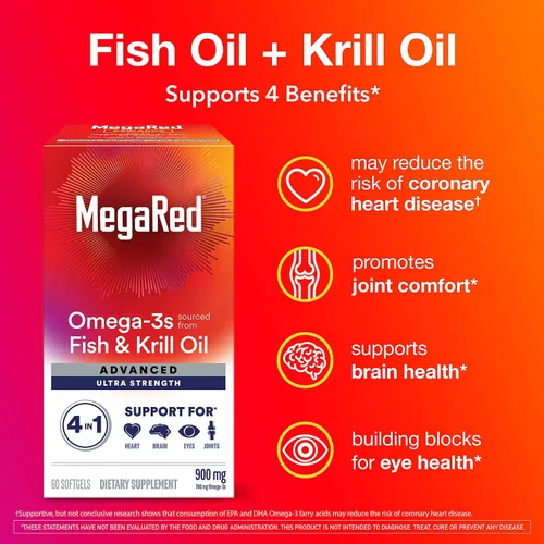 Vista 2 de Suplemento de aceite de pescado y kril Omega-3 Megared 900mg - MegaRed avanzado 4 en 1, 60 cápsulas blandas, 2 veces más Omega-3, suplemento