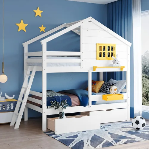 Vista 42 de Cama de Casa Tamaño Twin con Elegantes Ventanas y Estantería, Marco de Litera con Diseño de Castillo de Madera con Barandillas de Seguridad