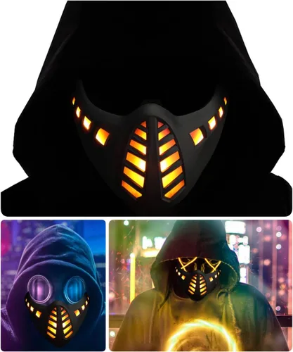Vista 8 de Halloween LED Samurai Cyber Ninjia Robot Punk Oni Demon Motorcycle Knight Light Up Half Face Máscaras para Airsoft Tactical Paintball CS