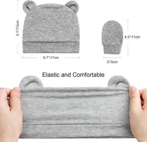 Vista 2 de Gorro y manoplas para bebé recién nacido, gorro de algodón para bebés y niños pequeños, prematuro para 0-3 meses