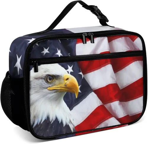Vista 9 de Lonchera reutilizable con diseño de cruz de la bandera estadounidense, bolsa de almuerzo aislada, lonchera para comida y alimentos, bolsa de mano