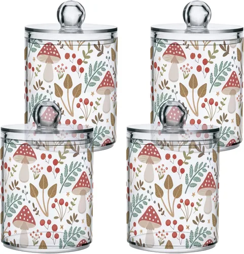 Vista 2 de Paquete de 2 tarros de boticario para baño, hojas de hongos, dispensador de plástico transparente con tapa para bolas de algodón, hisopo de algodón