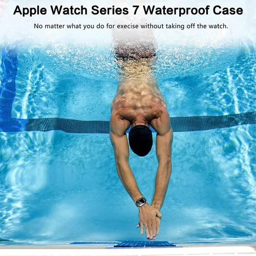 Vista 5 de YMHML Funda impermeable compatible con el protector de pantalla de Apple Watch Series 9, Series 8, 7, 1.614 in, vidrio templado, policarbonato duro