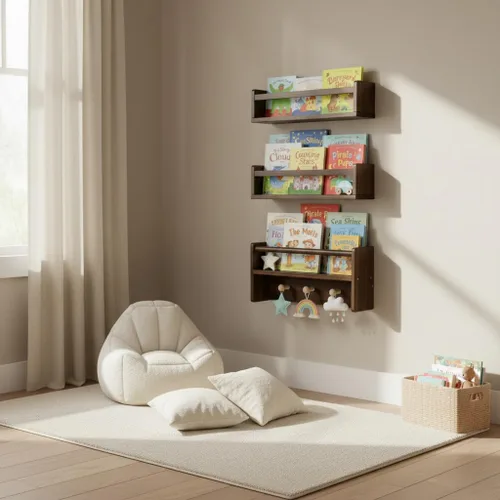 Vista 2 de AZSKY Estantería flotante de pared de 16 pulgadas con gancho, estante colgante de nogal profundo, para habitación de niños, dormitorio, baño, sala
