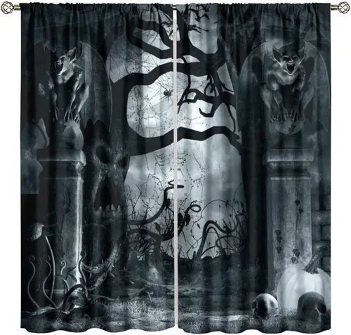 Vista 8 de Cortinas de Halloween con diseño de bosque gótico rojo, cruz gótica, Halloween, festividades, festival, tratamiento de ventana para sala de estar