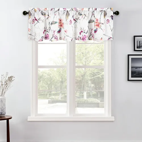 Vista 27 de VOGOL Cenefa de pájaro y bayas, decoración clásica de ventana de campo americano con estampado botánico, cortina de bolsillo para barra fácil