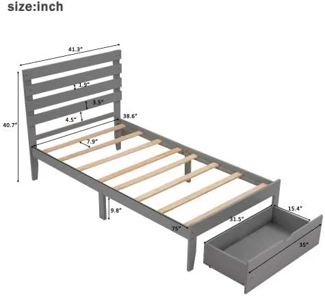 Vista 2 de anwickjeff Base de cama de tamaño individual con cajones de almacenamiento, marco de cama individual de plataforma de madera individual, cama