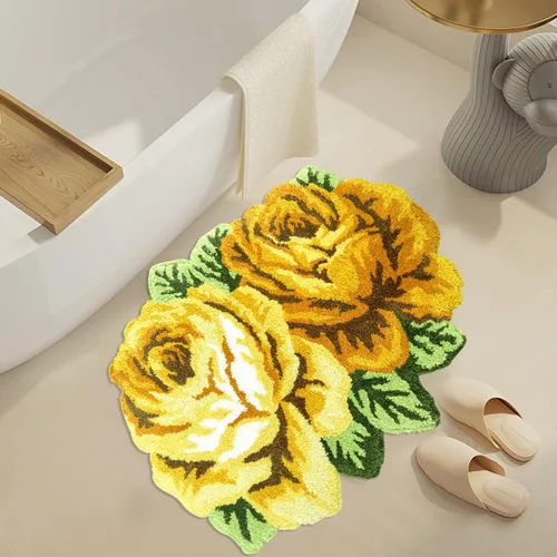 Vista 23 de Alfombrilla Abreeze con 4 rosas, alfombrillas con diseño de flores azul, hecha a mano, antideslizante (no se desliza), alfombrilla moderna, de puede
