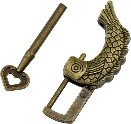 Vista 3 de Candado retro en forma de pez con forma de pez de bronce, cerradura vintage con patrón de pescado con llave para joyero, maleta de madera, cajones