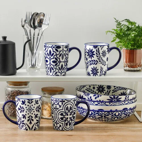 Vista 5 de HASENSE Tazas de café de 15 onzas, juego de 4 tazas de café de cerámica con patrones florales azules y blancos, juego de tazas de porcelana